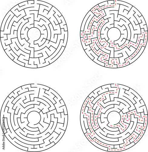 Four circular mazes two unsolved and two solved showing paths with red dotted lines in a vector illustration