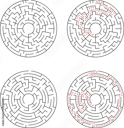 Four different circular mazes with two showing the solution path in red dashes, perfect for education and puzzles.