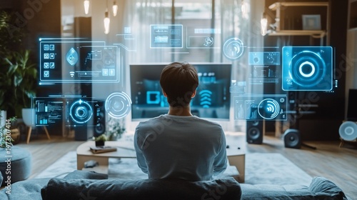 Man using smart home technology, viewing digital interface on TV screen displaying home automation controls.