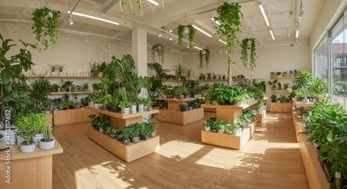 Indoor plant shop sunlit green plants on wooden shelves