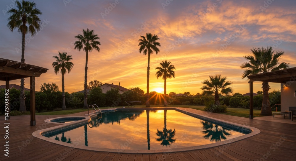 Obraz premium Sunset Over a Tropical Swimming Pool with Palm Trees