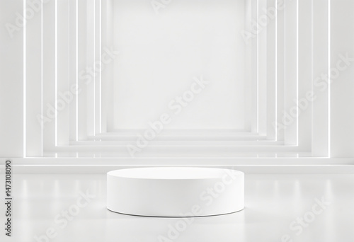 Abstract minimal scene with geometric forms. White podium in white background for product presentation. Vector