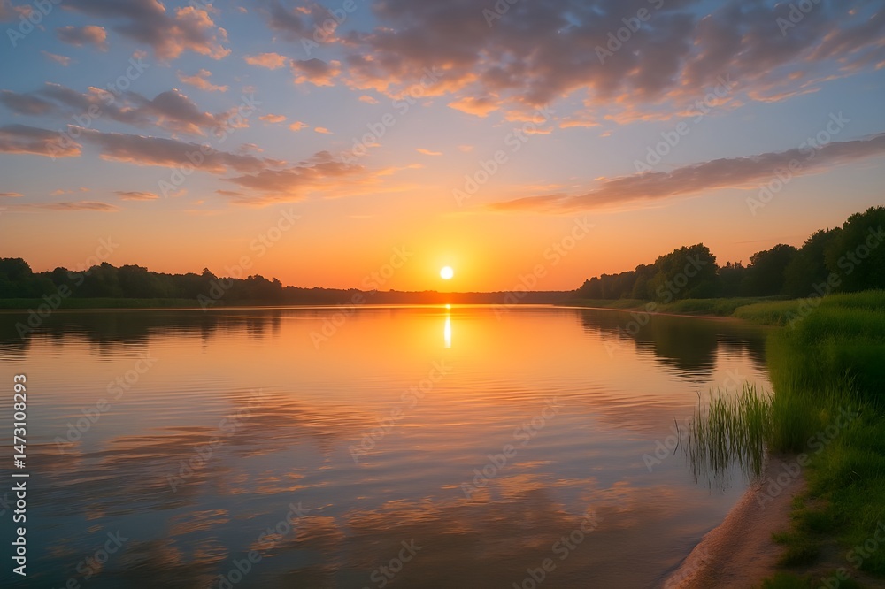 Naklejka premium Beautiful summer sunrise over lake Desktop Wallpaper - Generative Ai,