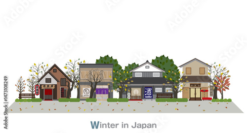 Illustration of a Japanese townscape. Winter in Japan.