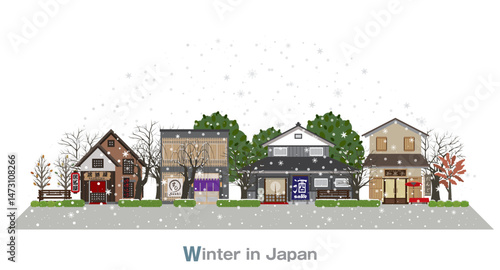 Illustration of a Japanese townscape. Snowy Japan.