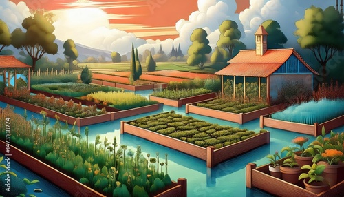 Picturesque Farmstead Garden Panorama During a Golden Sunset