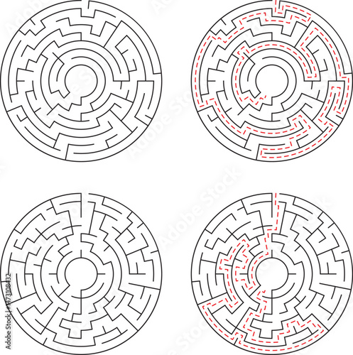 Four circle mazes with solutions illustrated demonstrating problem solving strategies for concept design and puzzles