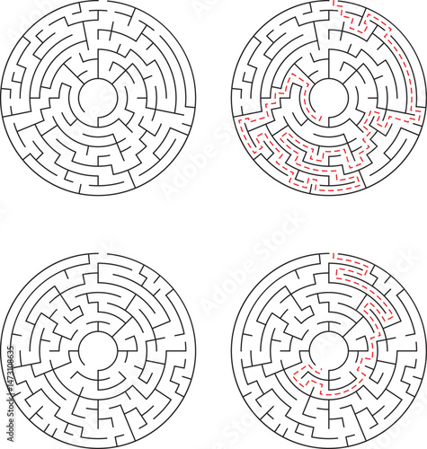 Four circular labyrinth mazes presenting puzzle solutions and problem solving concepts in a black and white illustration