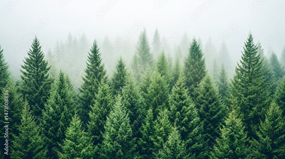 Misty evergreen forest, dense coniferous trees, aerial view. Misty evergreen forest, dense coniferous trees, aerial view.