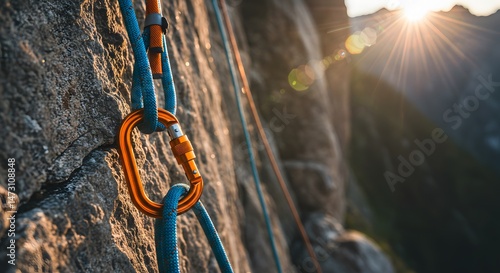 Climbing equipment attached on a mountain rock with sunburst effect.