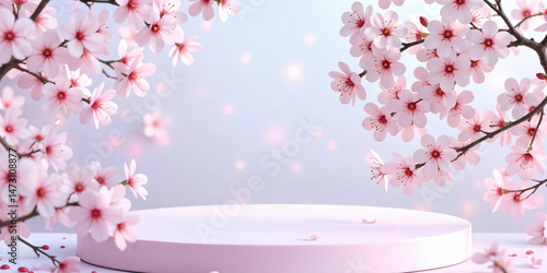 Decorative podium with pink cherry flowers on pastel pink background, top view, flat lay. Place for product presentation. Creative product platform