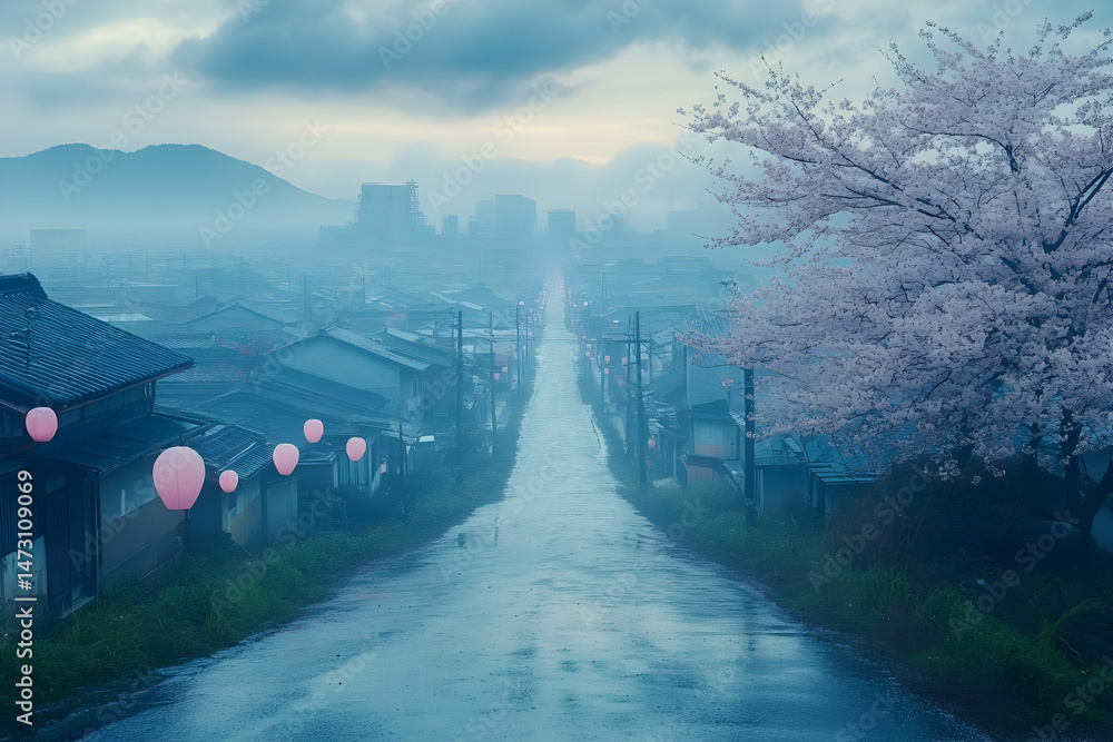 Fototapeta premium Misty spring road through town