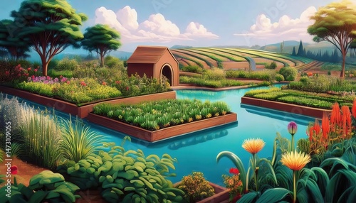 Idyllic Countryside Garden Landscape with Vibrant Flower Beds and Clear Blue Water