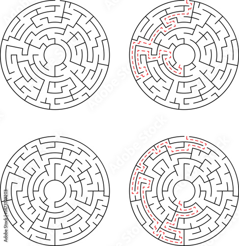 Circular maze with solution paths depicted in red demonstrating navigation and problem solving in various stages