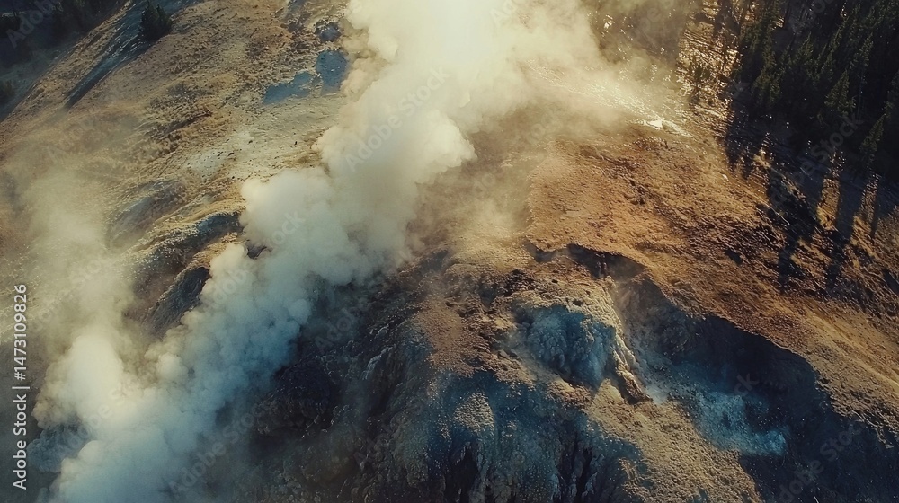 Fototapeta premium High-angle view of steaming geothermal landscape.