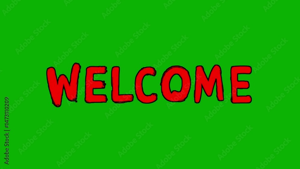 Animated “WELCOME” Text in Red Bold Handwritten Style – Isolated on Green Screen Background