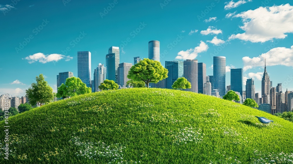 Fototapeta premium Sustainable urban development featuring lush green hills and city skyline