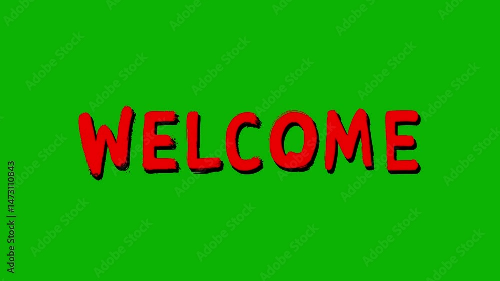 Animated “WELCOME” Text in Red Bold Handwritten Style – Isolated on Green Screen Background