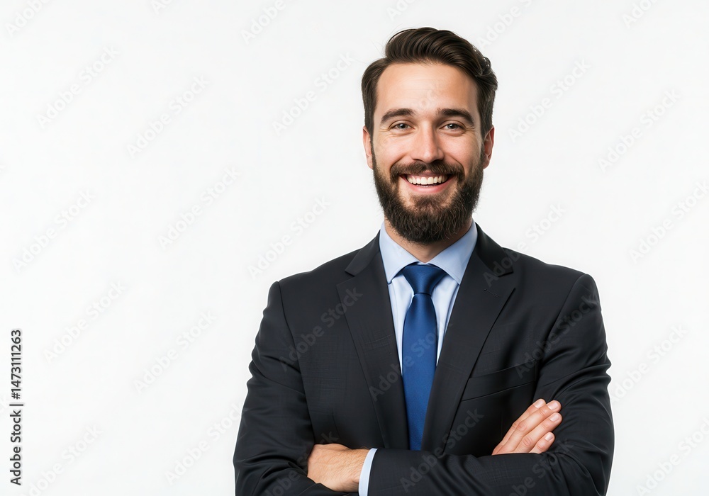 Smiling businessman with beard in suit and tie stands with arms crossed on white Smiling businessman with beard in suit and tie stands with arms crossed on white