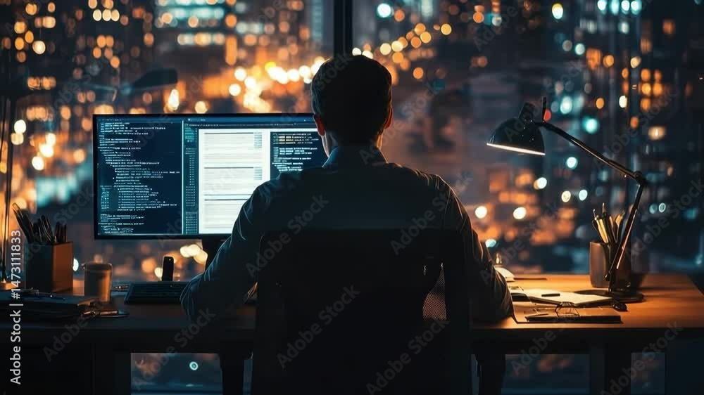 Person Working Late at Night in Modern Office with City View Person Working Late at Night in Modern Office with City View