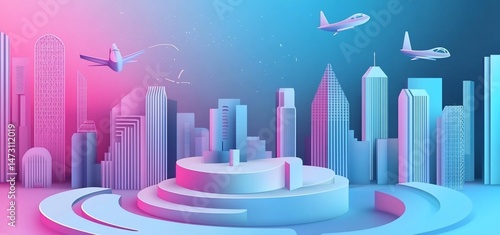 Stylized city skyline with airplanes flying above, showcasing a vibrant, futuristic urban landscape.