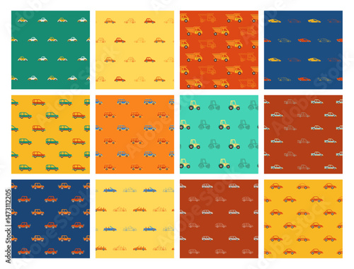 Set of different seamless patterns with Cars. Car Cabriolet, beetle, Sport Car, Tractor, Jeep suv cartoon endless boundless background design. Hand drawn automobile auto transport repeat print vector
