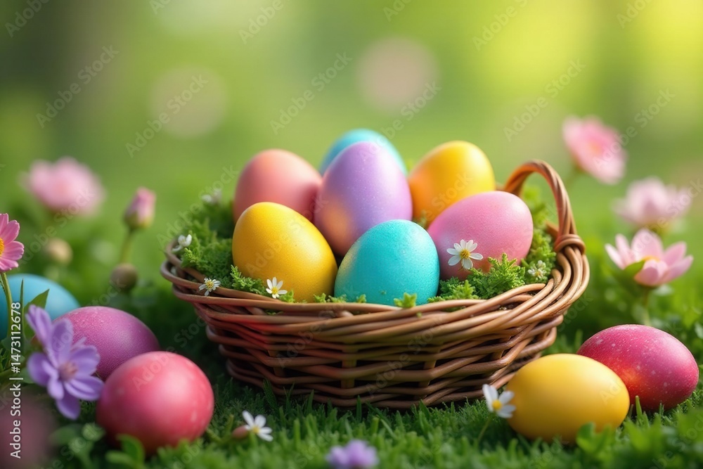 Colorful Easter eggs in a basket, surrounded by spring flowers and greenery A festive celebration , easter eggs, religious, bunny Colorful Easter eggs in a basket, surrounded by spring flowers and greenery A festive celebration , easter eggs, religious, bunny
