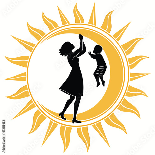 Mother and Child Silhouette in Sun – Symbolic Vector of Love, Care & Nurturing