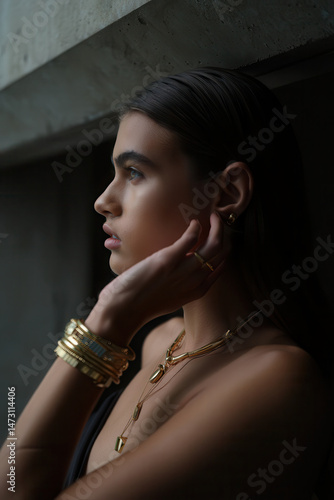 Young Brunette Woman Glamour Side Profile View Portrait, Concrete Background, Female Fashion Model, High Fashion Jewellery
