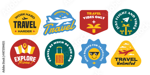 Travel sticker, patch, stamp, badge element collection. Set of vintage and cool travelling symbol.