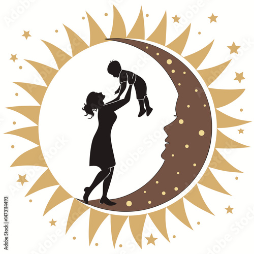 Mother and Child Silhouette in Sun – Symbolic Vector of Love, Care & Nurturing
