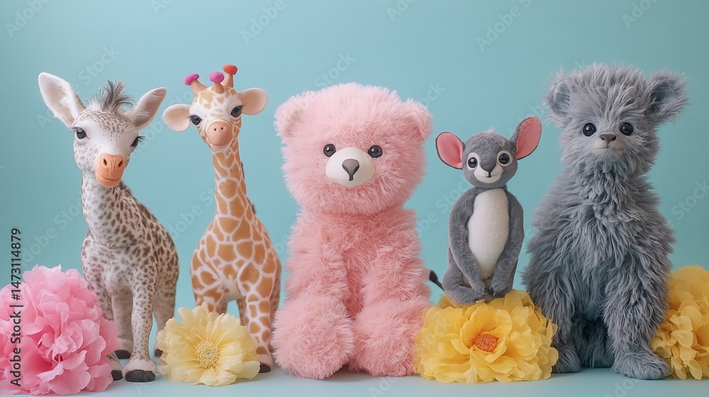 Obraz premium Cute stuffed animals, giraffe, bear, mouse, and gray animal, posed against a pastel backdrop