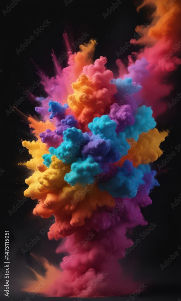 Swirling cloud of multicolored powder explodes on a deep black backdrop; intense color and motion are prominent , vibrant, motion, multicolored Swirling cloud of multicolored powder explodes on a deep black backdrop; intense color and motion are prominent , vibrant, motion, multicolored