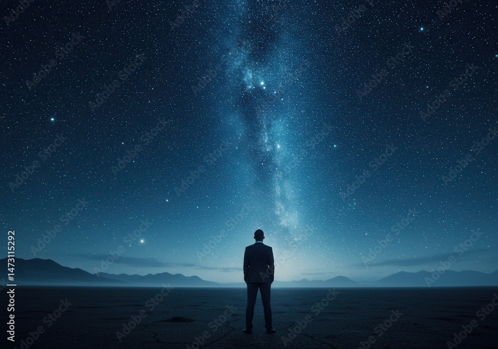 Fototapeta premium Man in suit stands beneath a vast starry night sky, looking upward