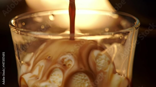 Creamy Vanilla Ice Cream with Dark Espresso Pouring in Glass Container