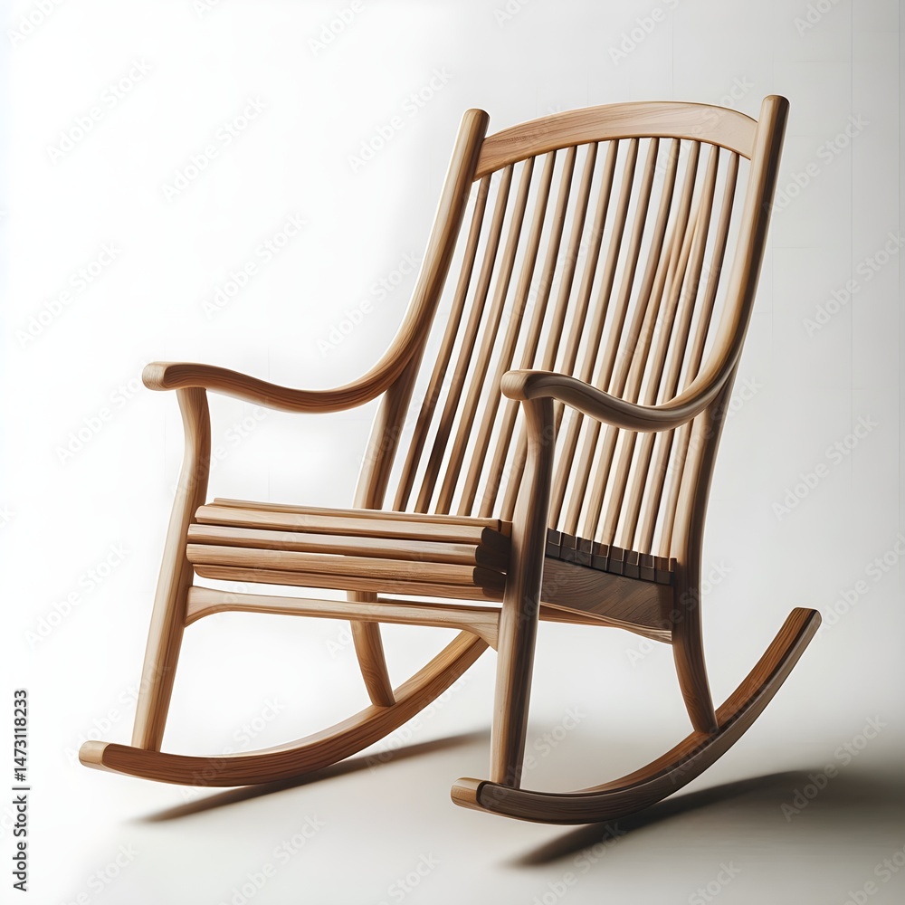 Rustic wooden slat rocking chair mockup featuring curved runners and traditional design, placed on clean white backdrop for furniture display Rustic wooden slat rocking chair mockup featuring curved runners and traditional design, placed on clean white backdrop for furniture display