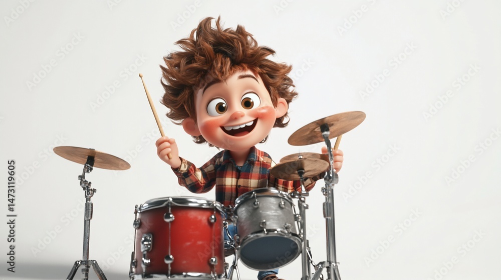 Fototapeta premium Joyful cartoon boy playing drums.
