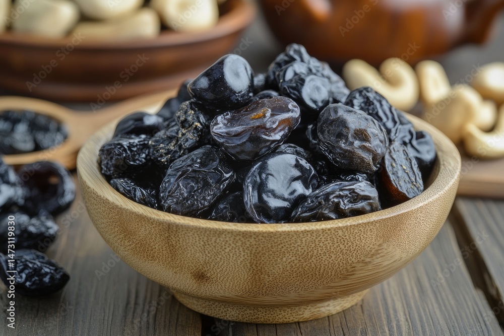 Dark raisins in a wooden bowl. A healthy snack Dark raisins in a wooden bowl. A healthy snack