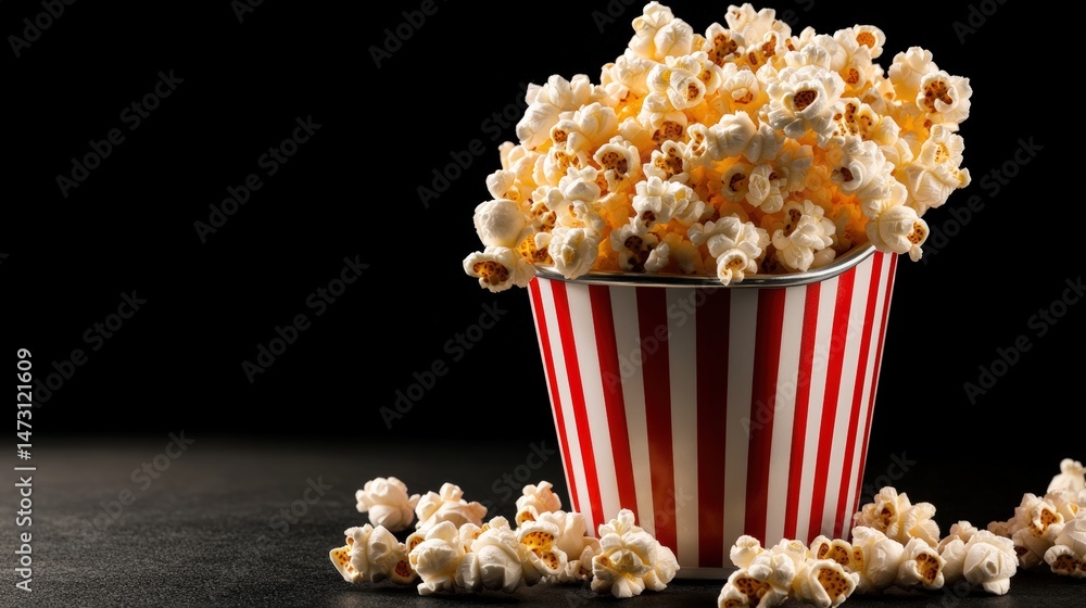 A classic striped red and white popcorn bucket overflowing with fresh, fluffy popcorn on a dark surface with scattered popcorn pieces, perfect for movie night A classic striped red and white popcorn bucket overflowing with fresh, fluffy popcorn on a dark surface with scattered popcorn pieces, perfect for movie night