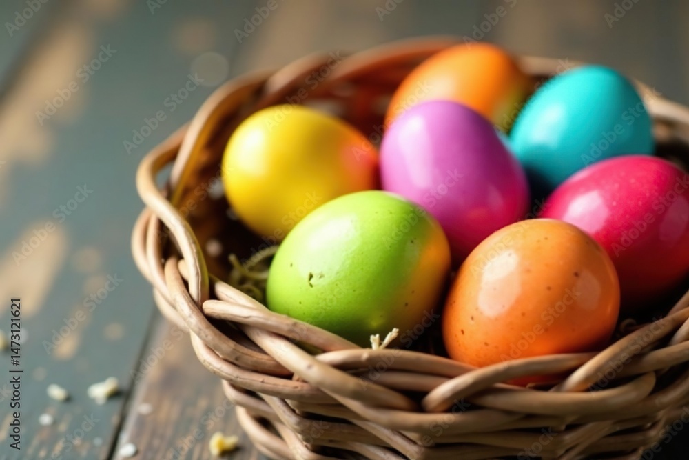 Close-up of colorful Easter eggs nestled in a woven basket, ready to be eaten , chocolate, pastel, holiday Close-up of colorful Easter eggs nestled in a woven basket, ready to be eaten , chocolate, pastel, holiday