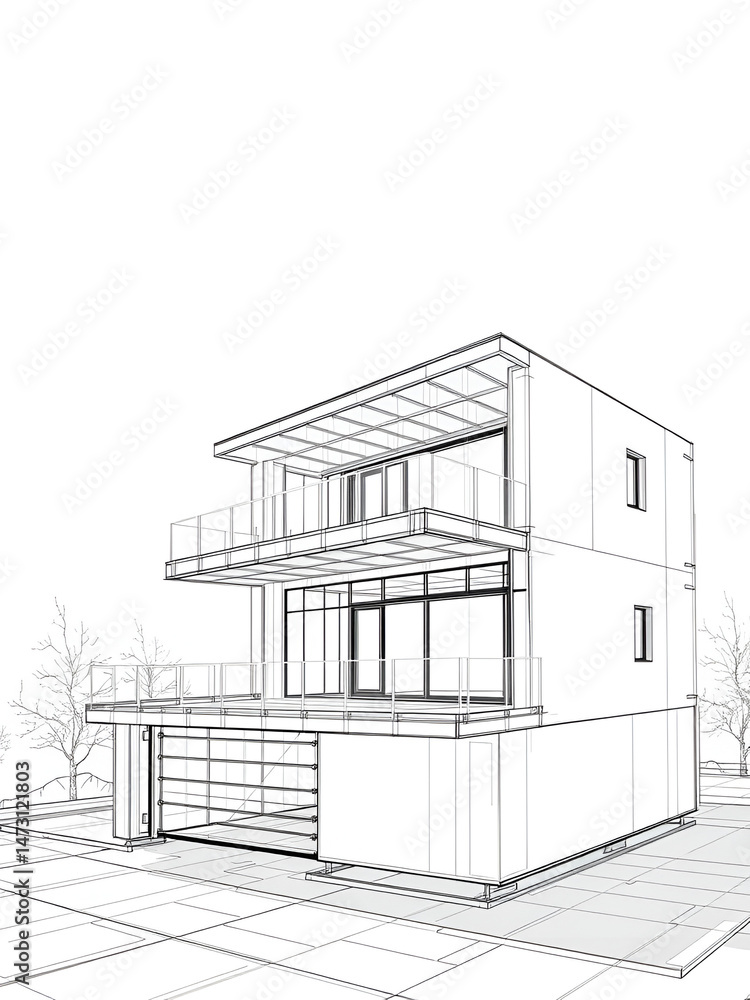Sketch design and drafting of wireframe of building a modern house becoming real. 3d illustration, Digital project visualization. Sketch design and drafting of wireframe of building a modern house becoming real. 3d illustration, Digital project visualization.