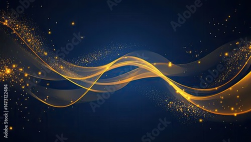 Gold wave abstract design.  Golden lines and particles on dark background