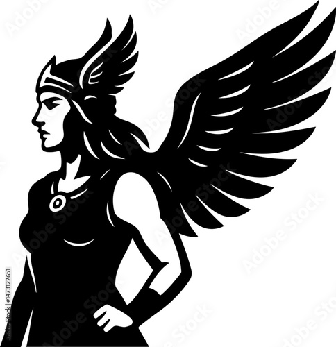 Mythical Norse Valkyrie warrior woman with wings

