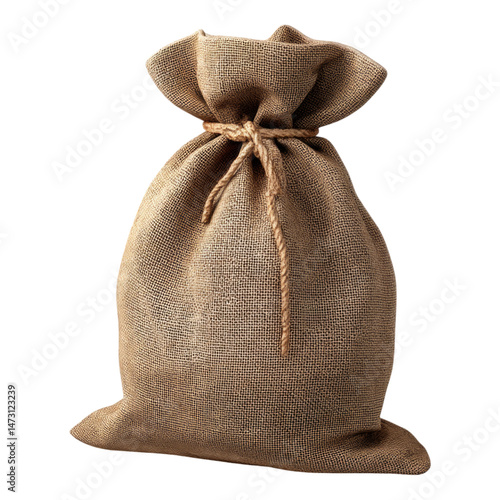 Natural Jute Sack with Twine Tie on a Transparent Background