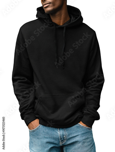 black african american male model wearing a black heavyweight cotton blank oversize hoodie, baggy blue jeans, clothing mockup