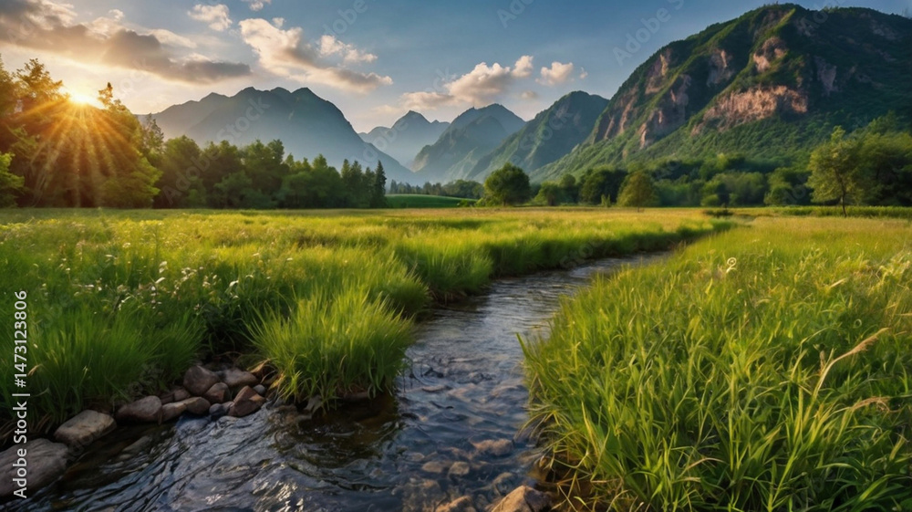 Beautiful summer landscape with a river and a tree in the foreground Beautiful summer landscape with a river and a tree in the foreground