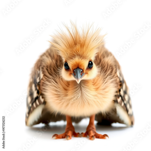 A little, light brown young Indian peafowl was photographed up close in a studio against a stark white background.