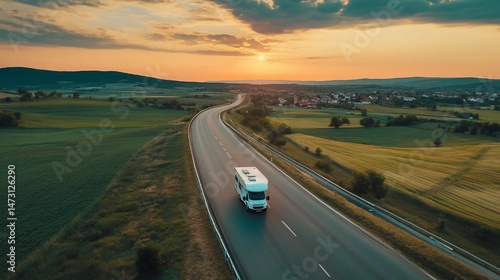 Scenic Road Trip, RV Journey at Sunset through Rolling Hills and Fields