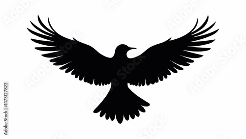 a black silhouette of a bird, likely a raven or crow, with widespread wings in full flight, set against a white background. The detailed feathers and dynamic pose create a striking, minimalist design.
