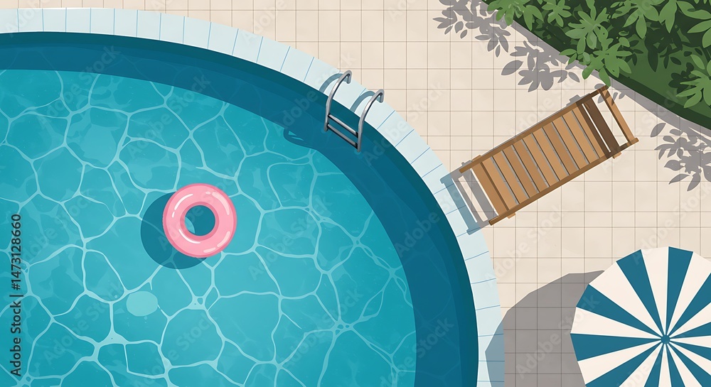 Obraz premium Overhead view of blue swimming pool with pink inflatable, vector style.
